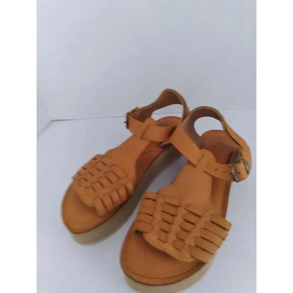 Woven Leather Platform‎ Sandals with Ankle Strap in Tan - Boho Summer Comfort